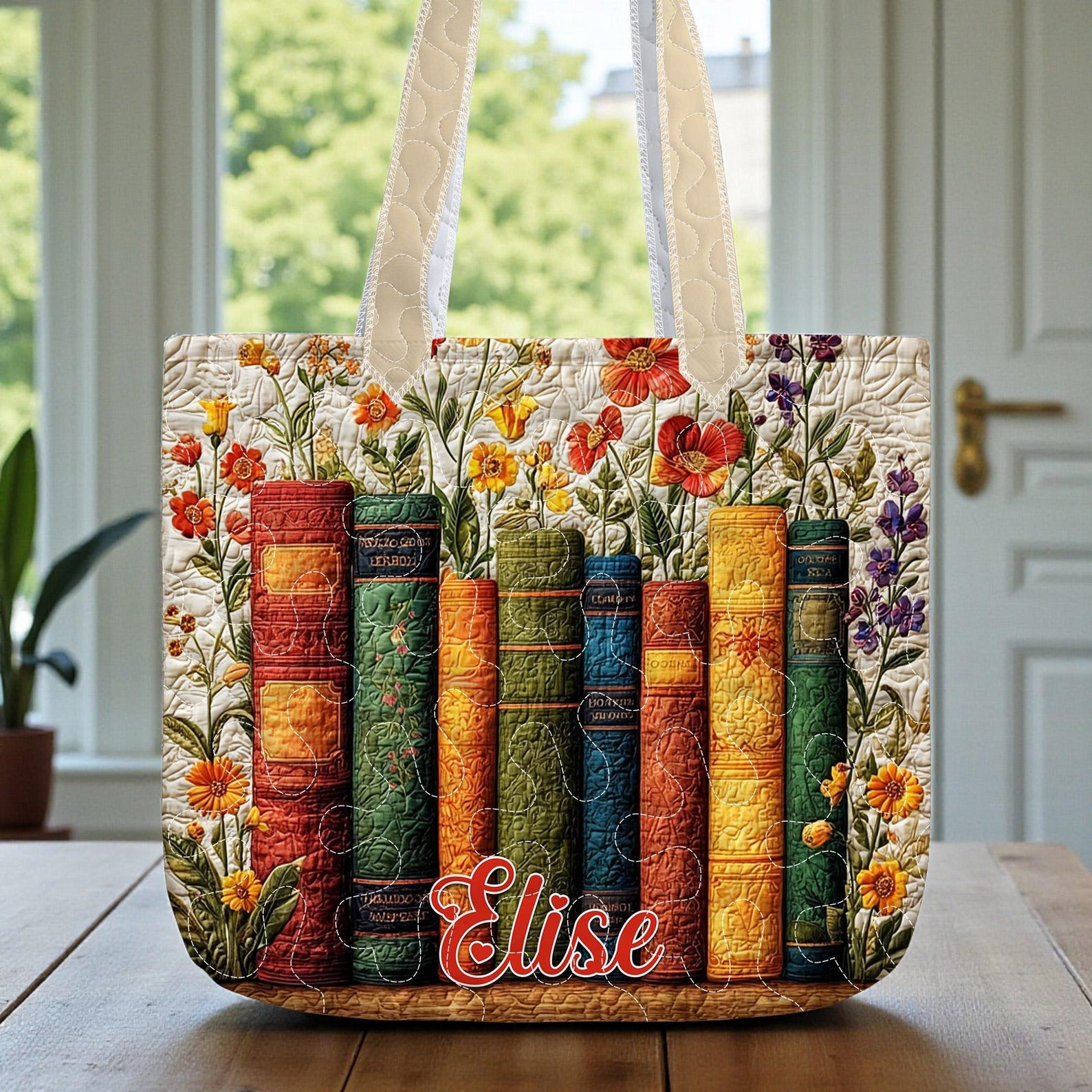Personalized Book Lover Quilt Tote Bag Floral Book Spines Handbag For Women Bookworm Gifts