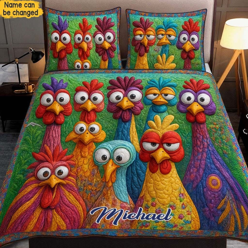 Personalized Chicken Quilted Bedding Set Whimsical Animal Bed Sheet Set Gift For Chicken Lovers