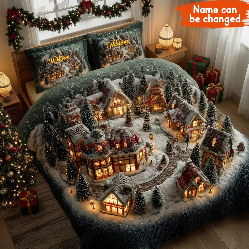 Personalized Christmas Winter Village Quilt Bedding Set Holiday Decoration Xmas Gifts Ideas