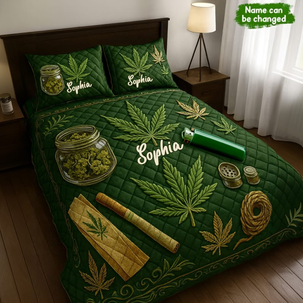 Personalized Magic Green Leaf Weed Quilted Bedding Set Marijuana Duvet Cover Set Bed Decor