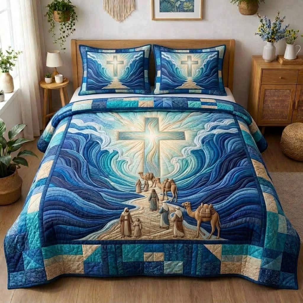Pesach Blessing Quilted Bedding Set Holy Cross Religious Holiday Bed Decor Passover Gifts