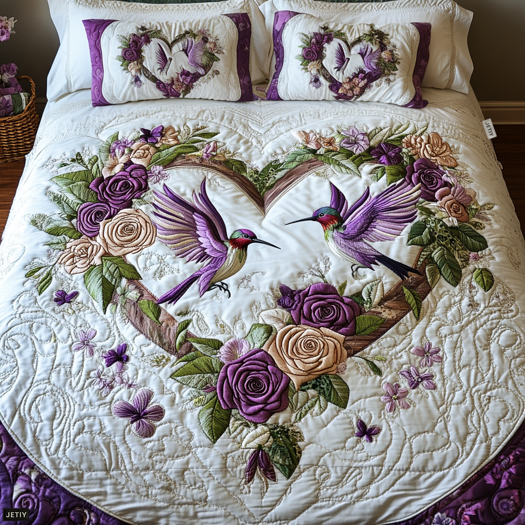 Petal Pair Quilted Bedding Set Cozy Bedroom Decor Gifts For Hummingbird Lovers