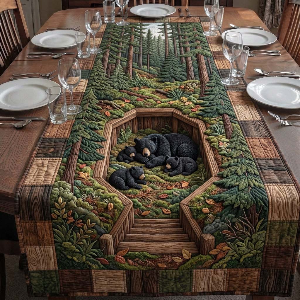 Pine Bear Retreat Quilted Table Runner Dining Table Centerpiece Cute Bear Gift Ideas