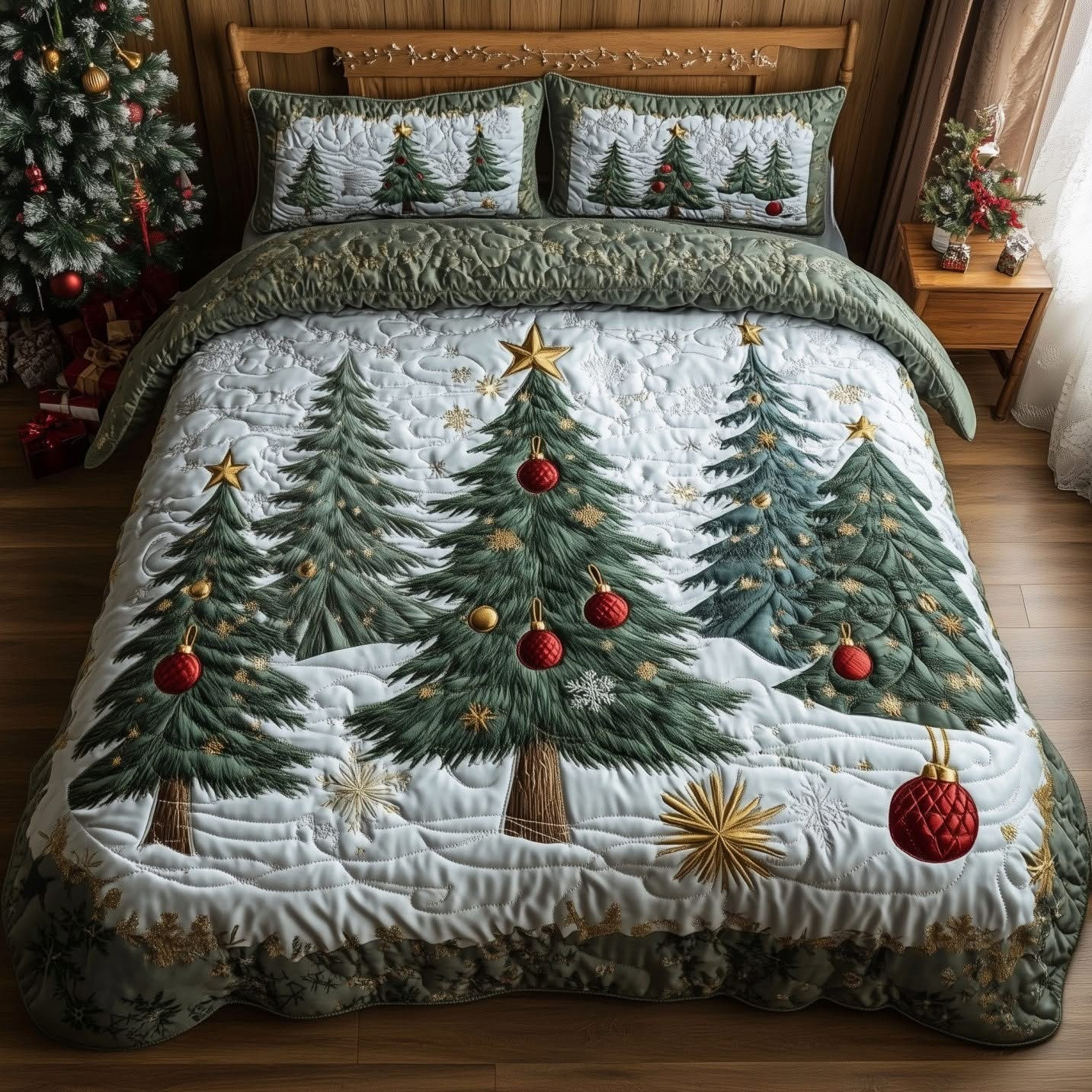 Pine Forest Christmas Quilted Bedding Set Holiday Duvet Cover Christmas Gifts For Him Her