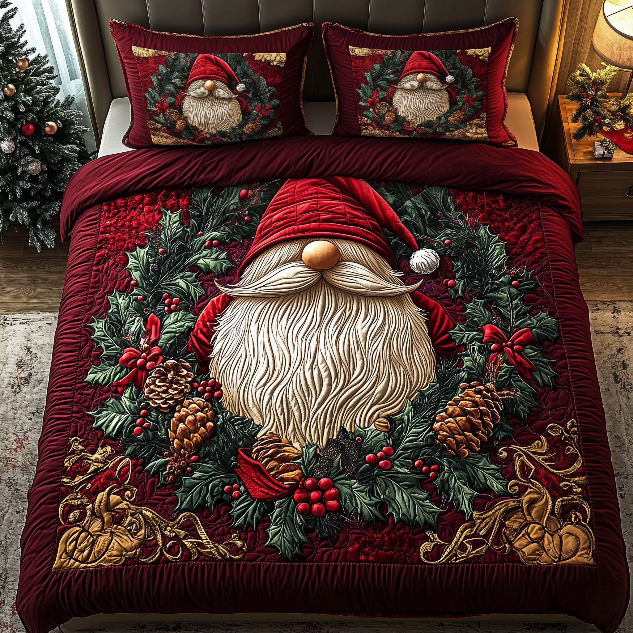 Pine Gnome Quilted Bedding Set Christmas Duvet Cover Set Gifts For Gnome Lovers
