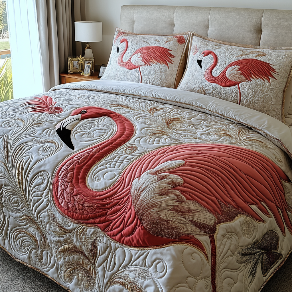 Pink Flamingo Quilted Bedding Set Bed Decor Flamingo Gifts For Adults