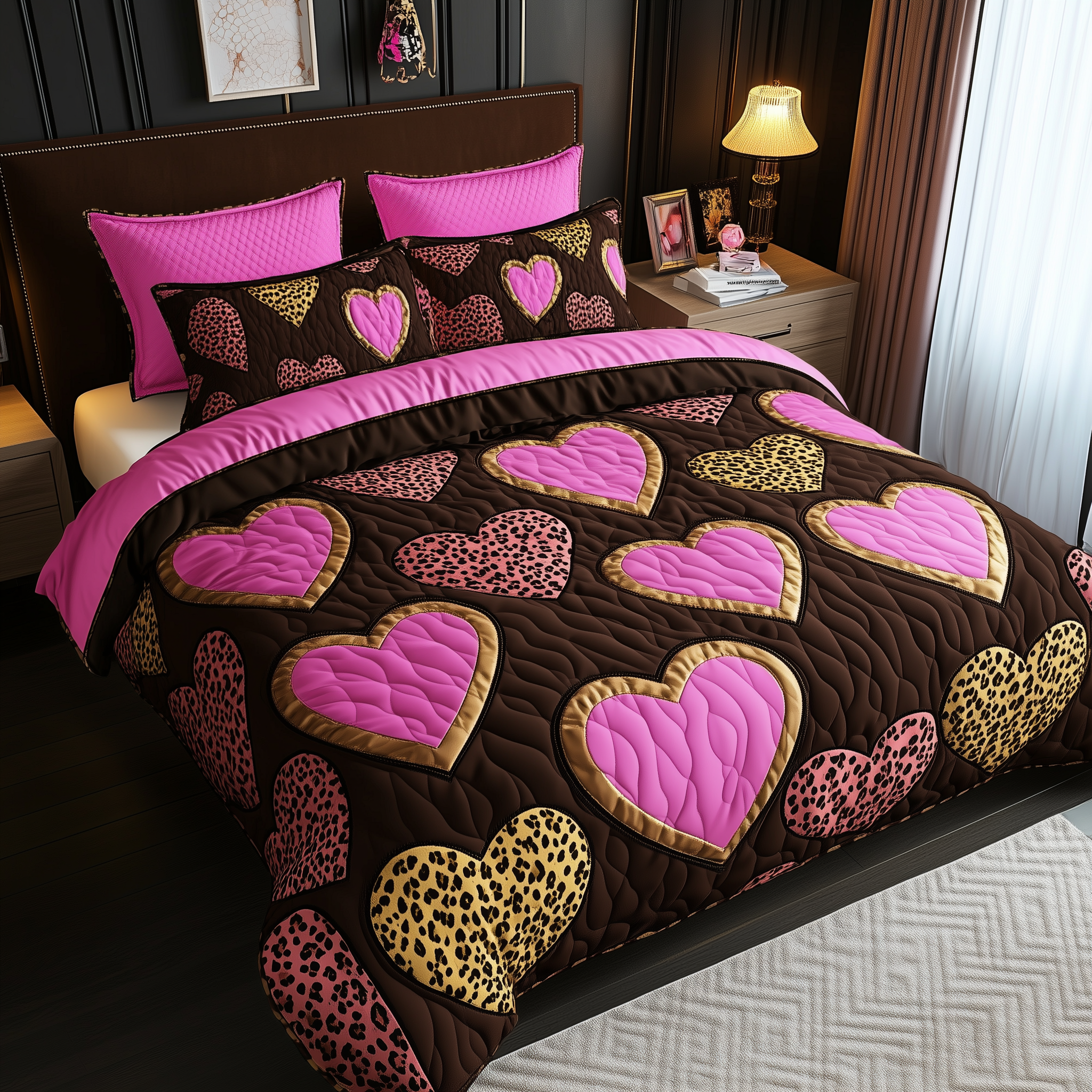 Pink Leopard Heart Quilted Bedding Set Bed Comforter Set Custom Couple Gifts