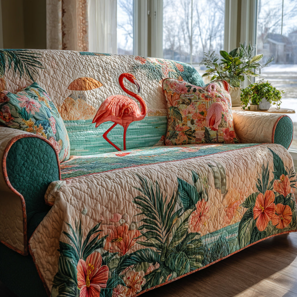 Pink Shoreline Quilted Sofa Cover Home Decorattions Flamingo Gifts For Her