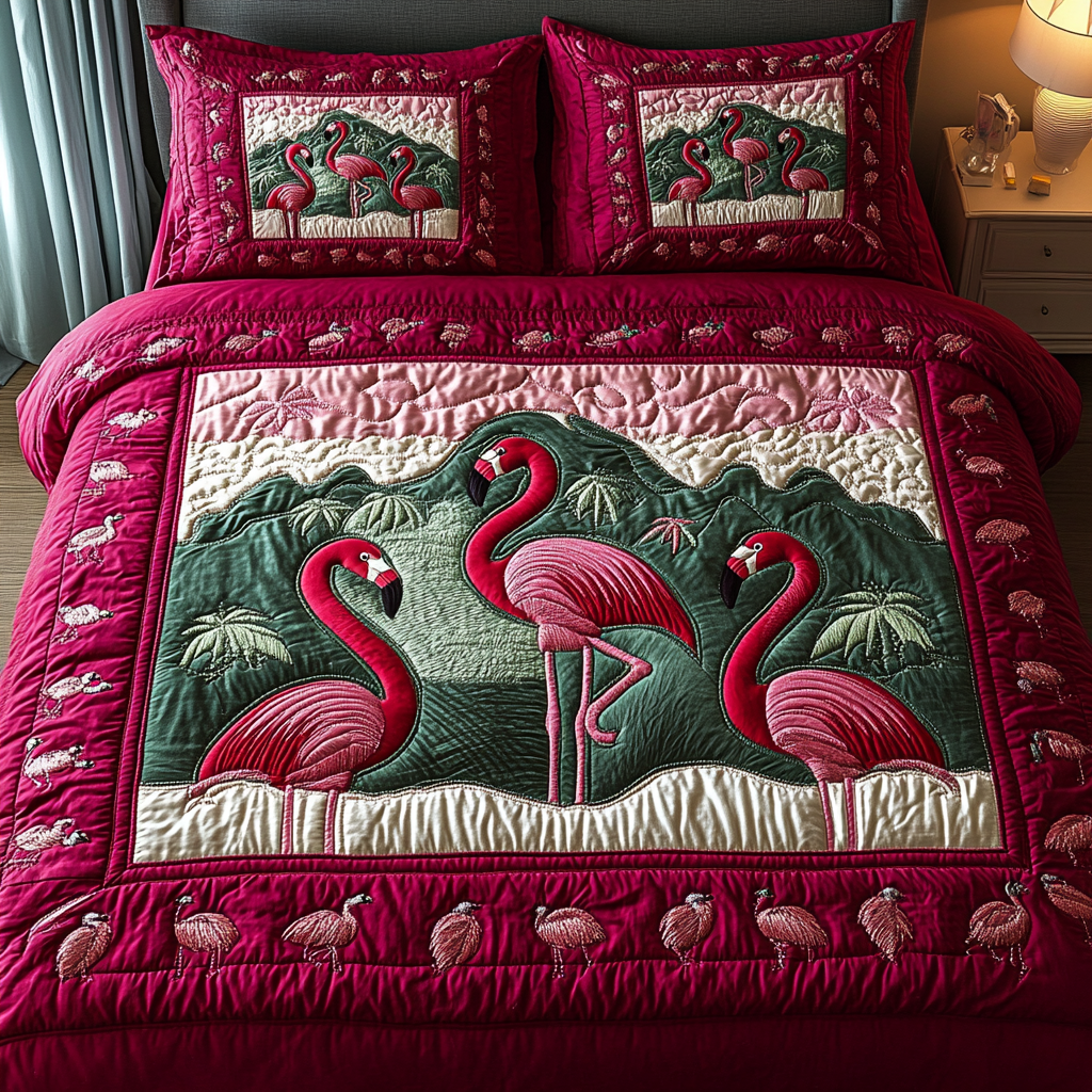 Pink Sunset Quilted Bedding Set Cute Bed Sheets For Teens Flamingo Themed Presents