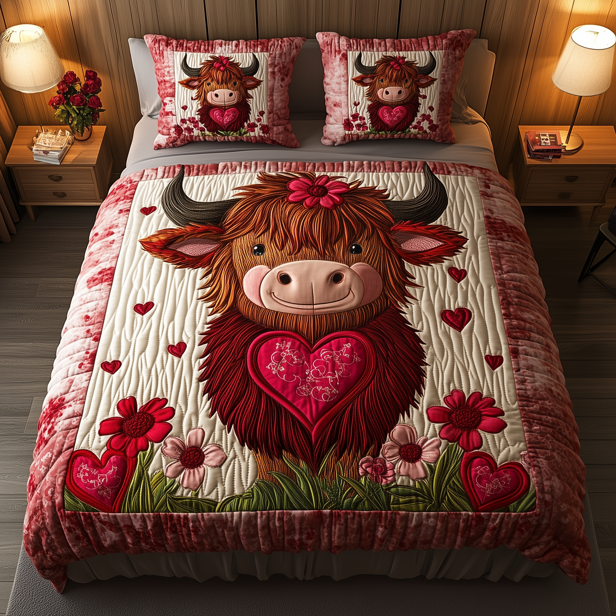 Pinky Highland Cow Quilted Bedding Set Best Fitted Sheets Best Gift Ideas For Mom