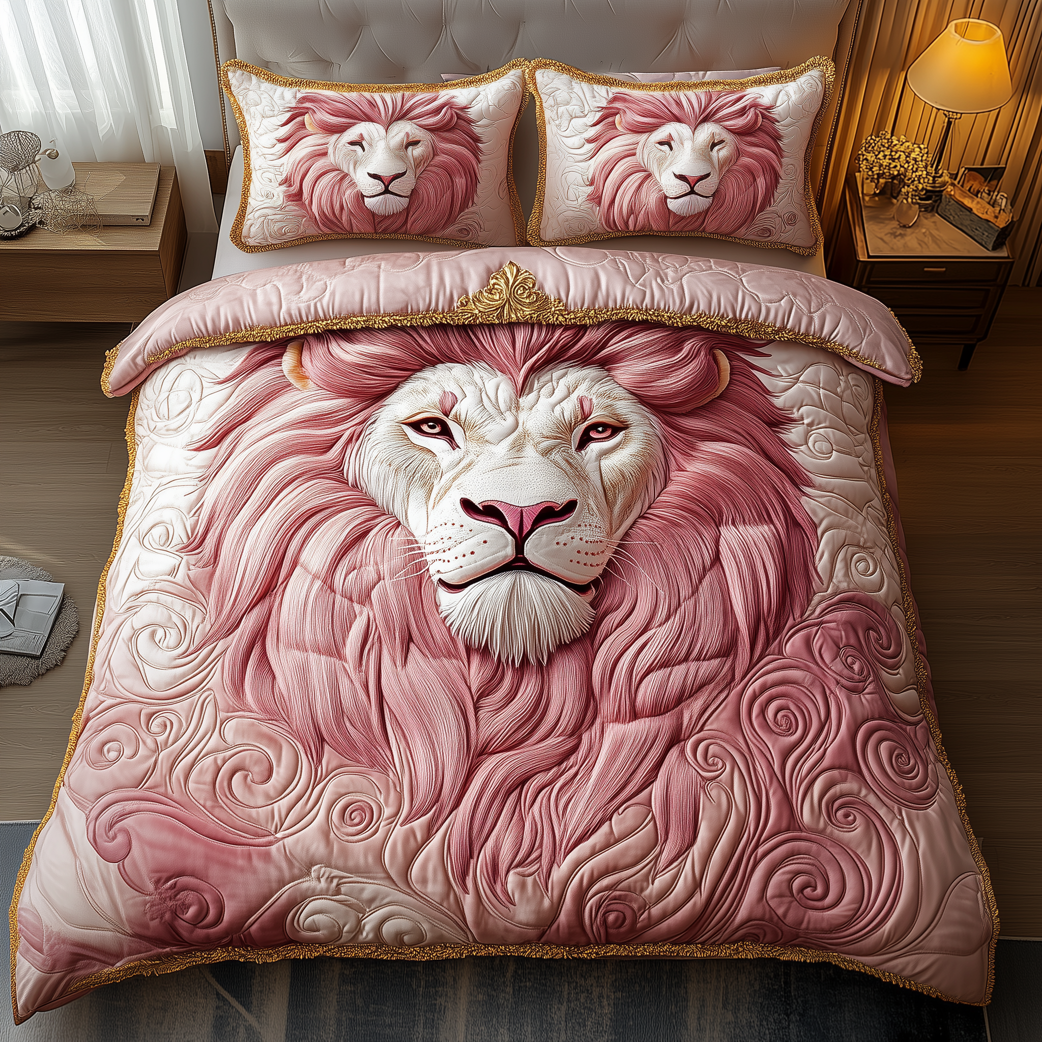 Pinky Majestic Lion Quilted Bedding Set Bed Bedding Set Lion Gifts For Men