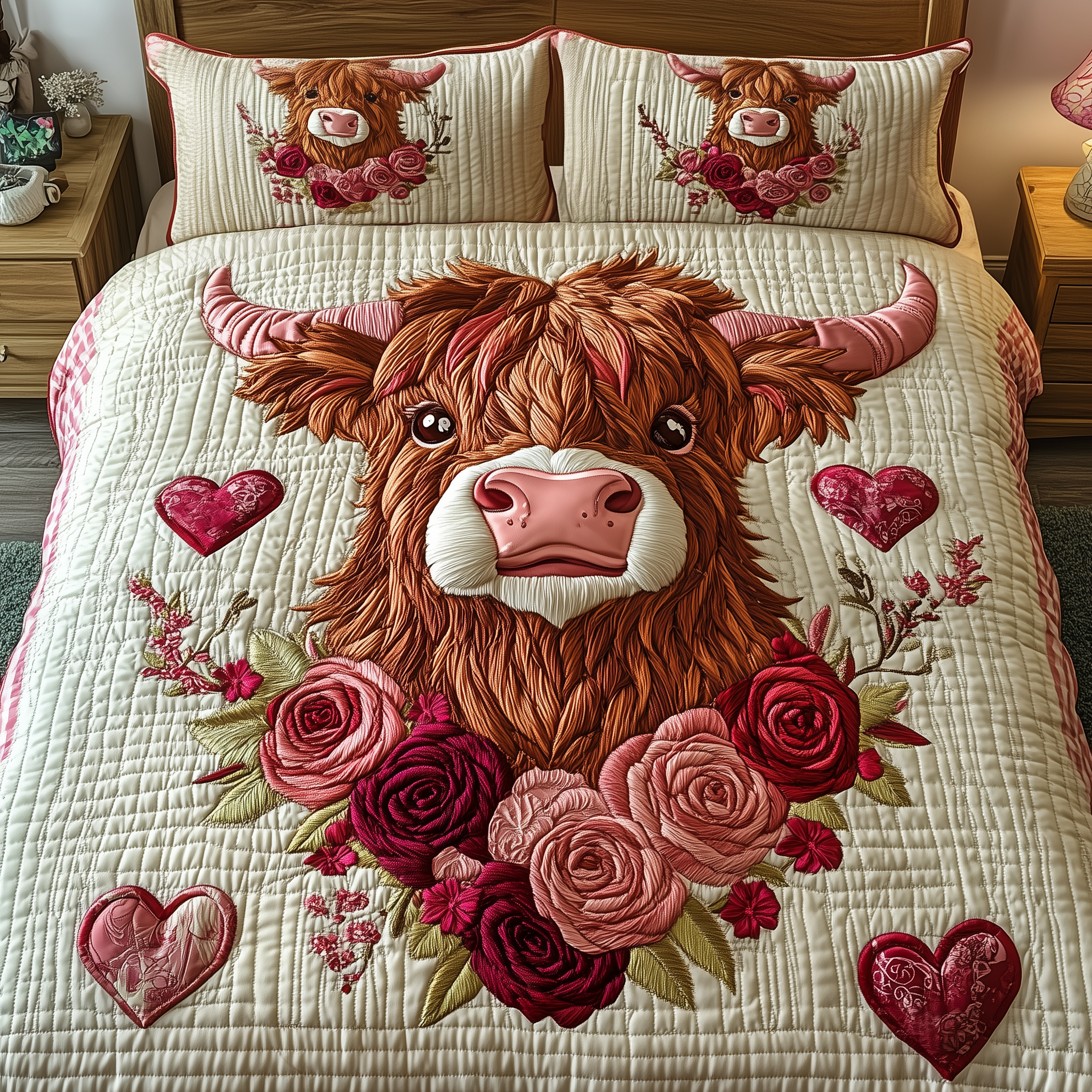 Pinky Sweetie Highland Cow Quilted Bedding Set Bed Room Decoration Great Gifts For Couples
