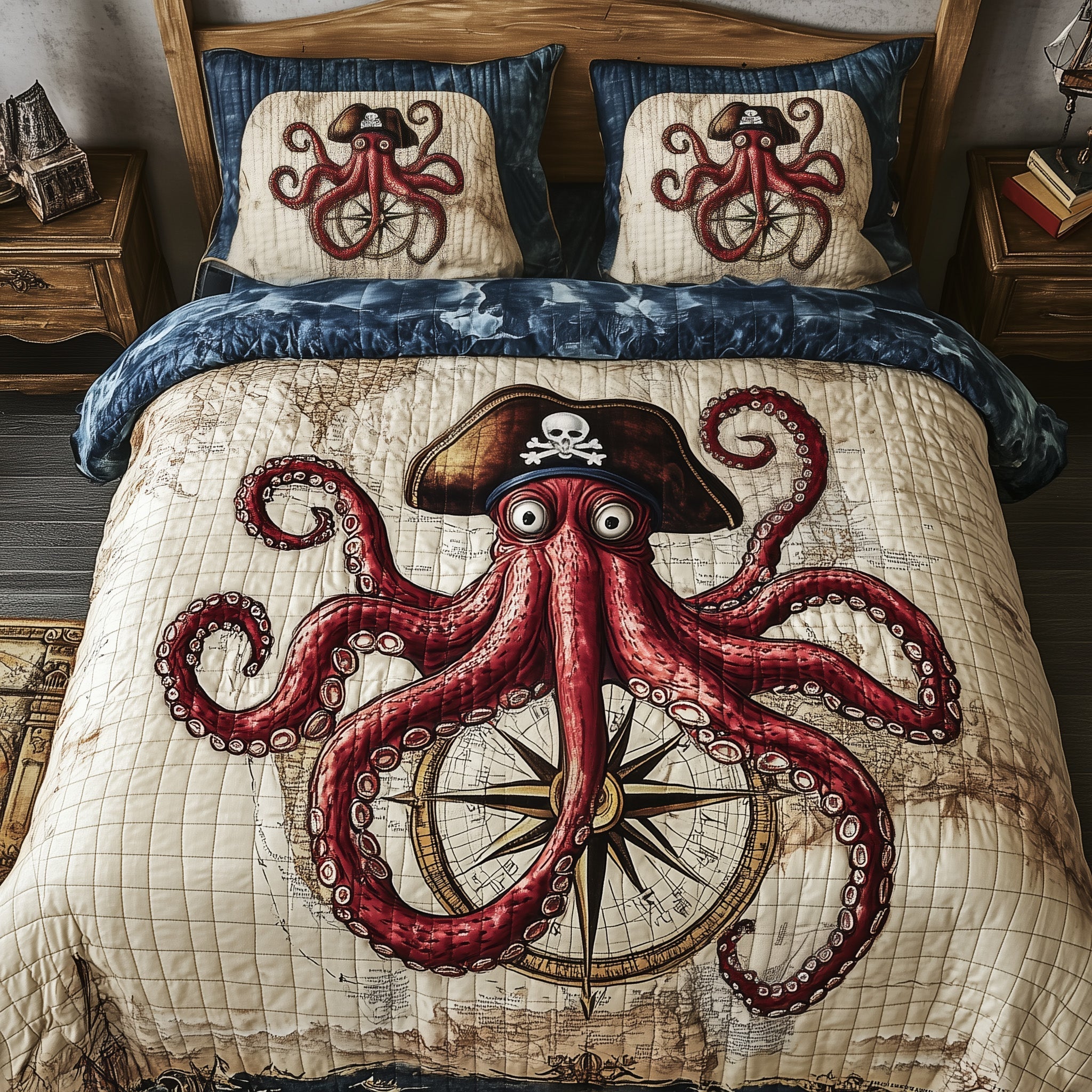 Pirate Octopus Quilted Bedding Set Bedroom Decor Cool Octopus Gifts
