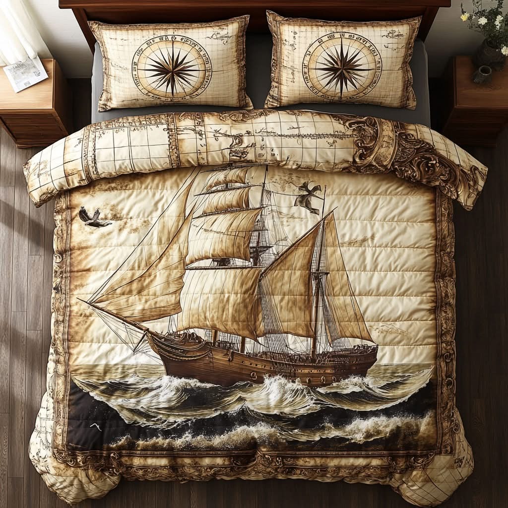 Pirate Ship Navigating Dream Quilted Bedding Set Duvet Cover Unique Christmas Gifts For Him