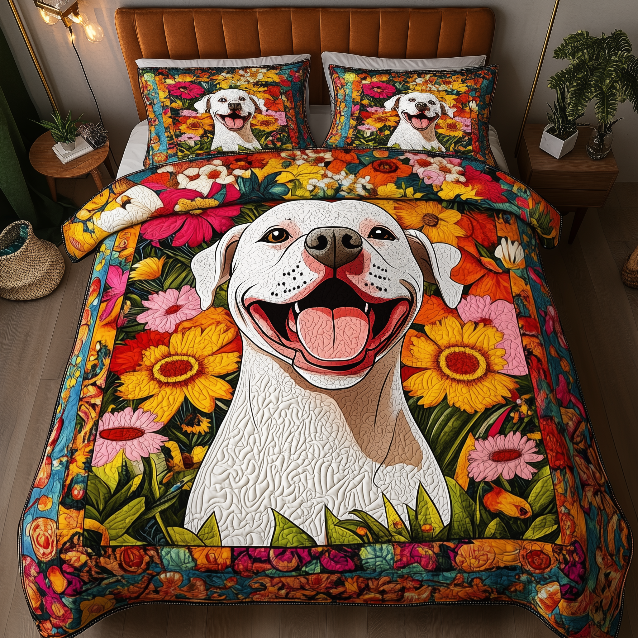 Pitbull Blossom Joy Quilted Bedding Set Quilt Comforter Sets Best Presents For Dog Owners