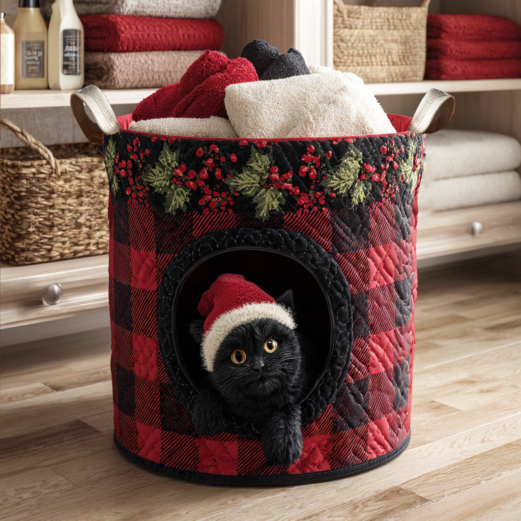 Plaid Santa Cat Quilted Laundry Basket Foldable Clothes Hamper Unique Cat Gifts For Cat Lovers