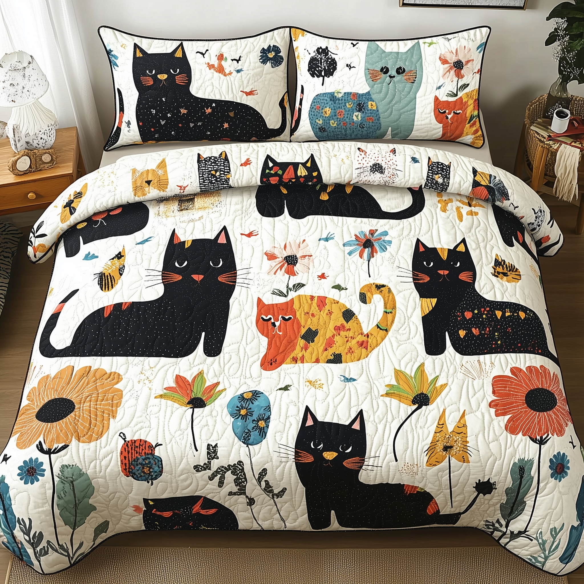 Playful Botanical Cat Quilted Bedding Set Best Sheet Sets Great Cat Gifts