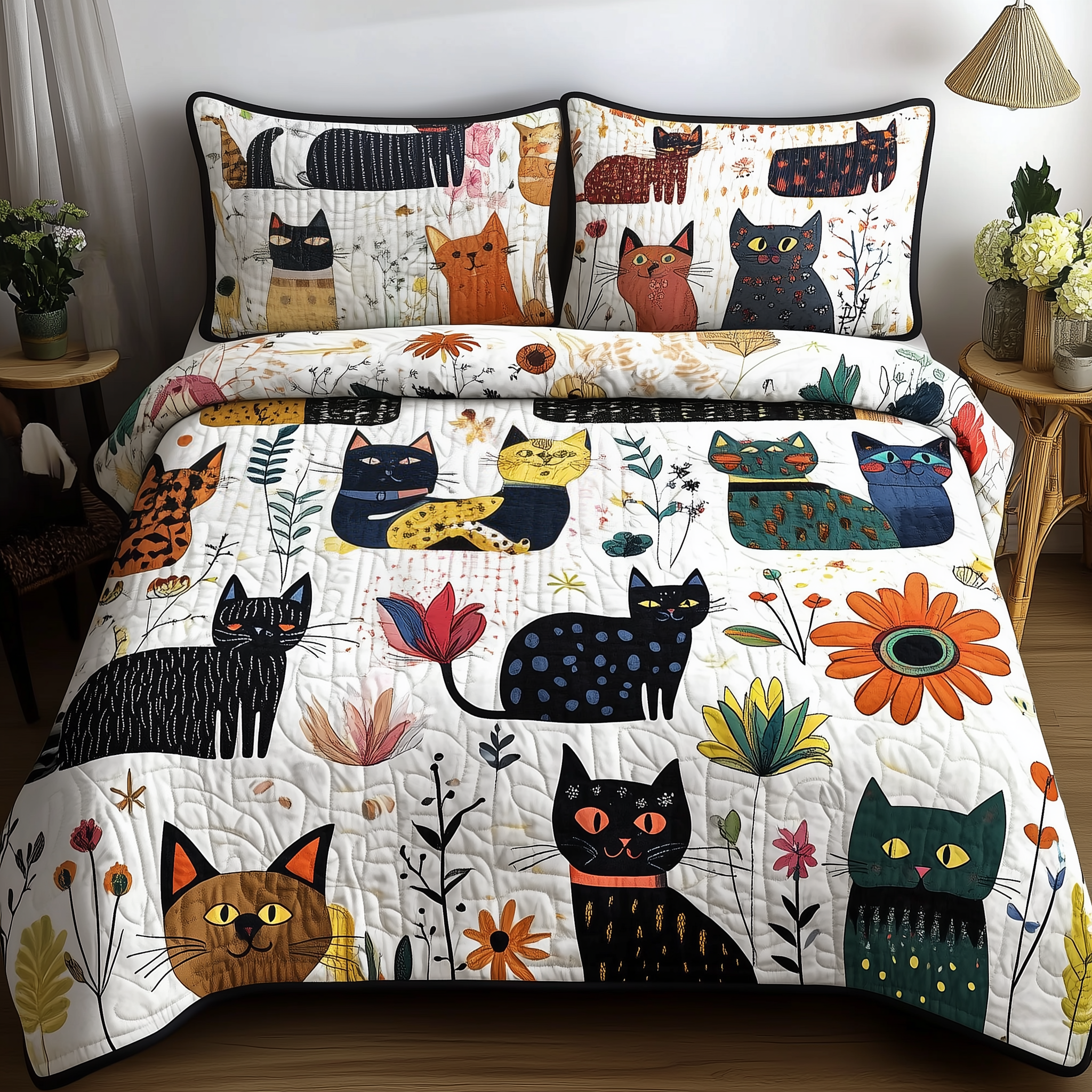 Playful Botanical Cat Quilted Bedding Set Good Sheet Sets Presents For Cat People