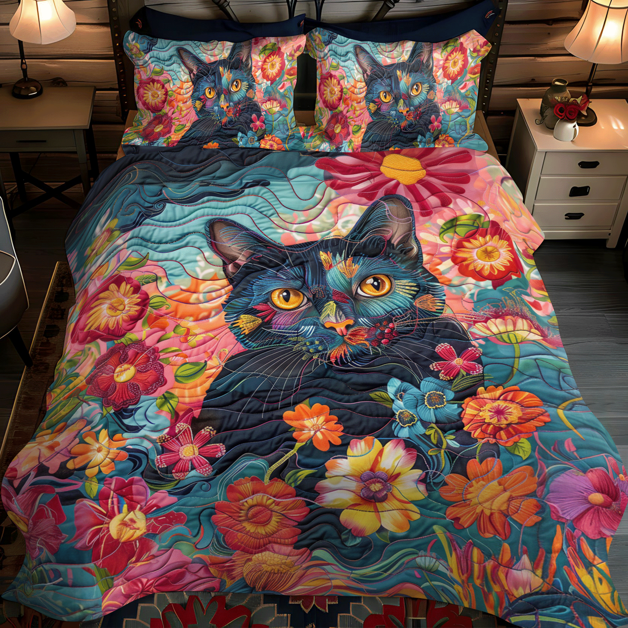 Playful Floral Cats Quilted Bedding Set Bed Decor Cat Lovers Shop