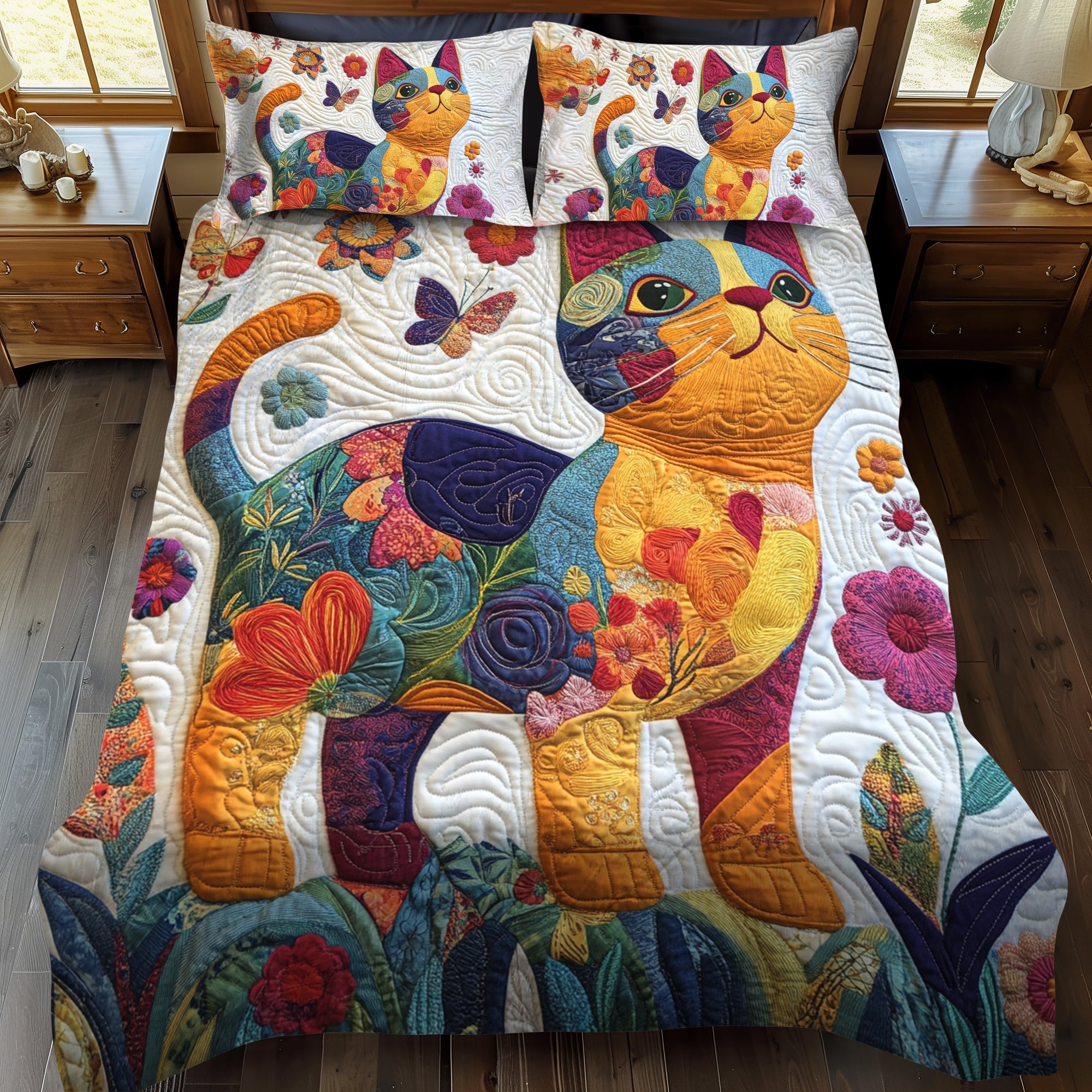 Playful Floral Cats Quilted Bedding Set Best Bedsheets Luxury Gifts For Cat Lovers