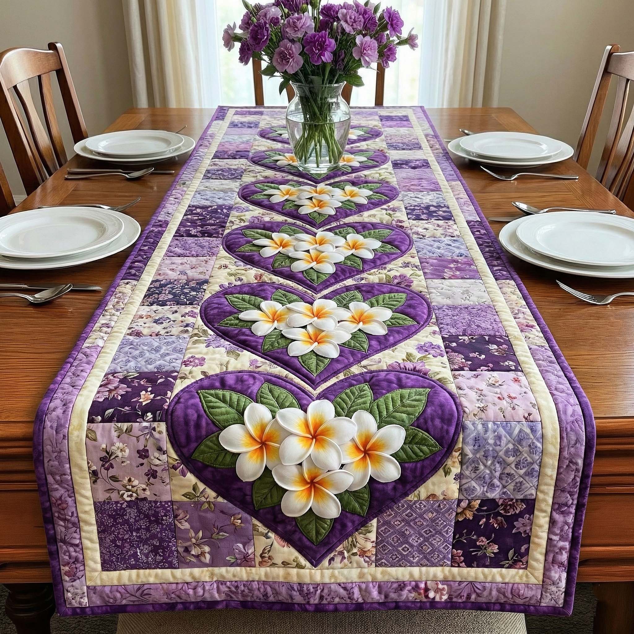 Plumeria Breeze Quilted Table Runner Dining Room Table Decor Mother's Day Gift Ideas For Wife