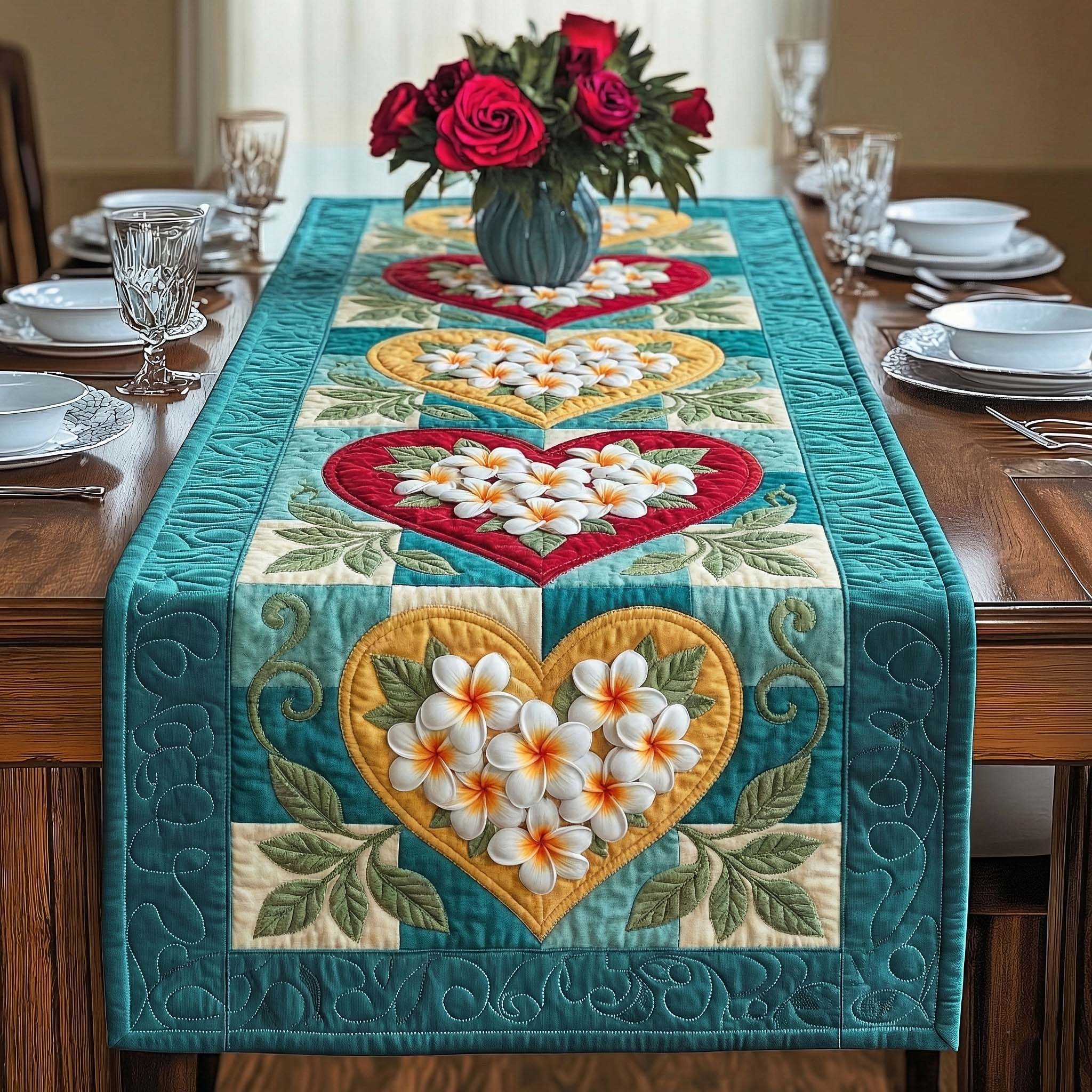Plumeria Breeze Quilted Table Runner Dining Table Decor Mother's Day Gifts For Grandma