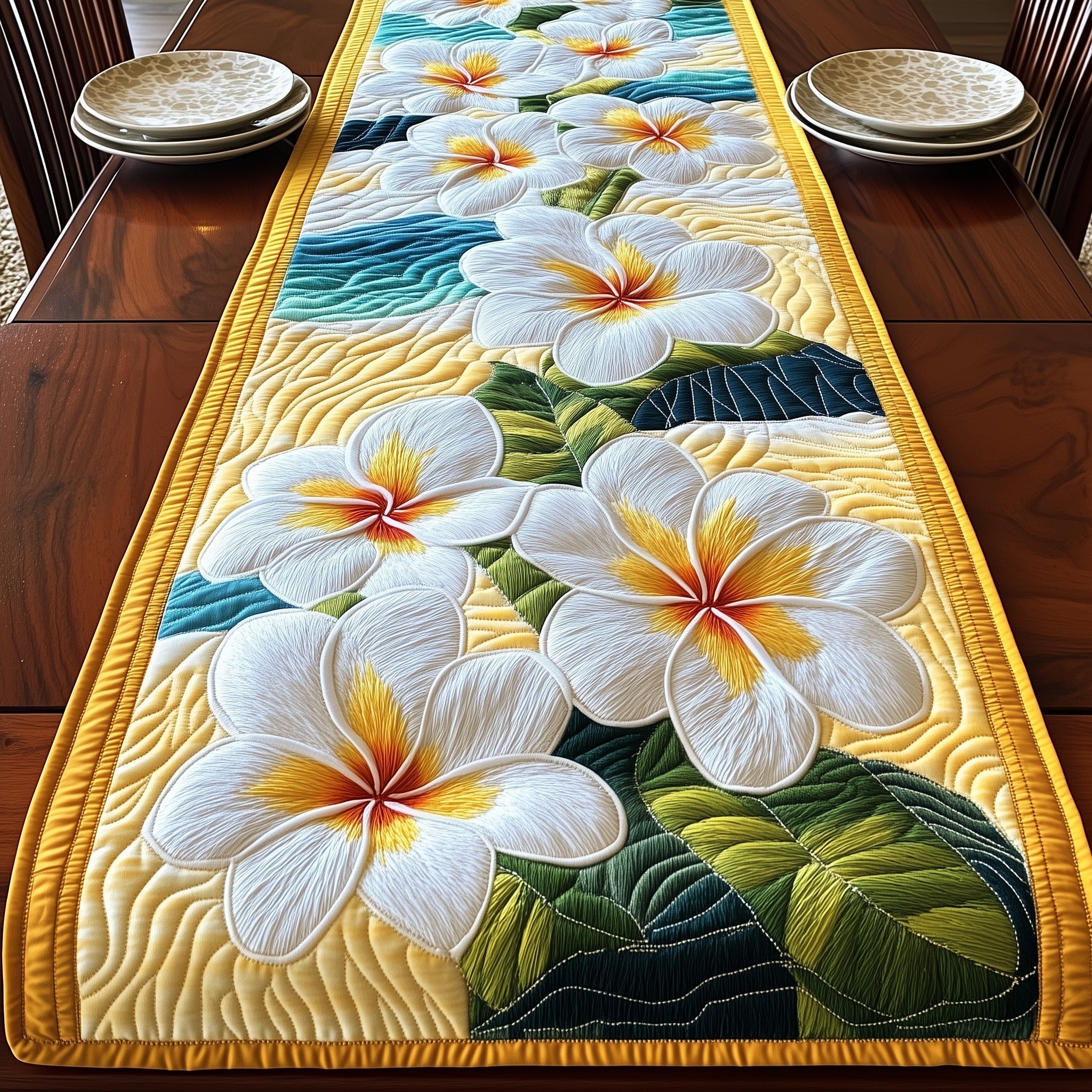 Plumeria Island Quilted Table Runner Coastal Table Runner Gifts For Beach Goers