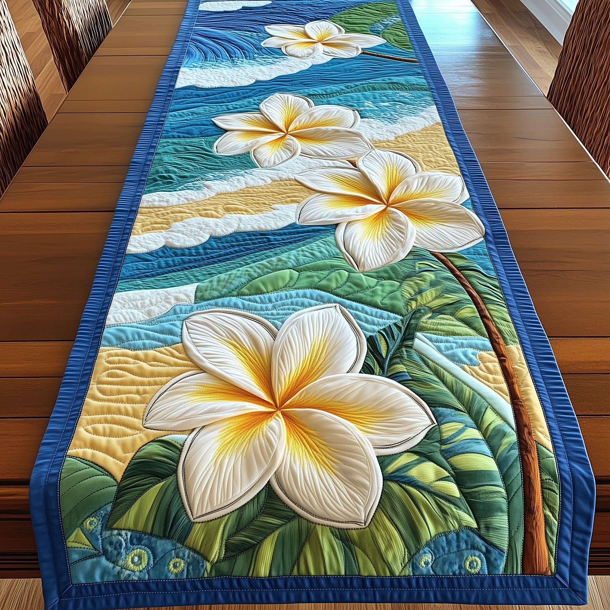 Plumeria Island Quilted Table Runner Coastal Table Runner Ocean Themed Presents