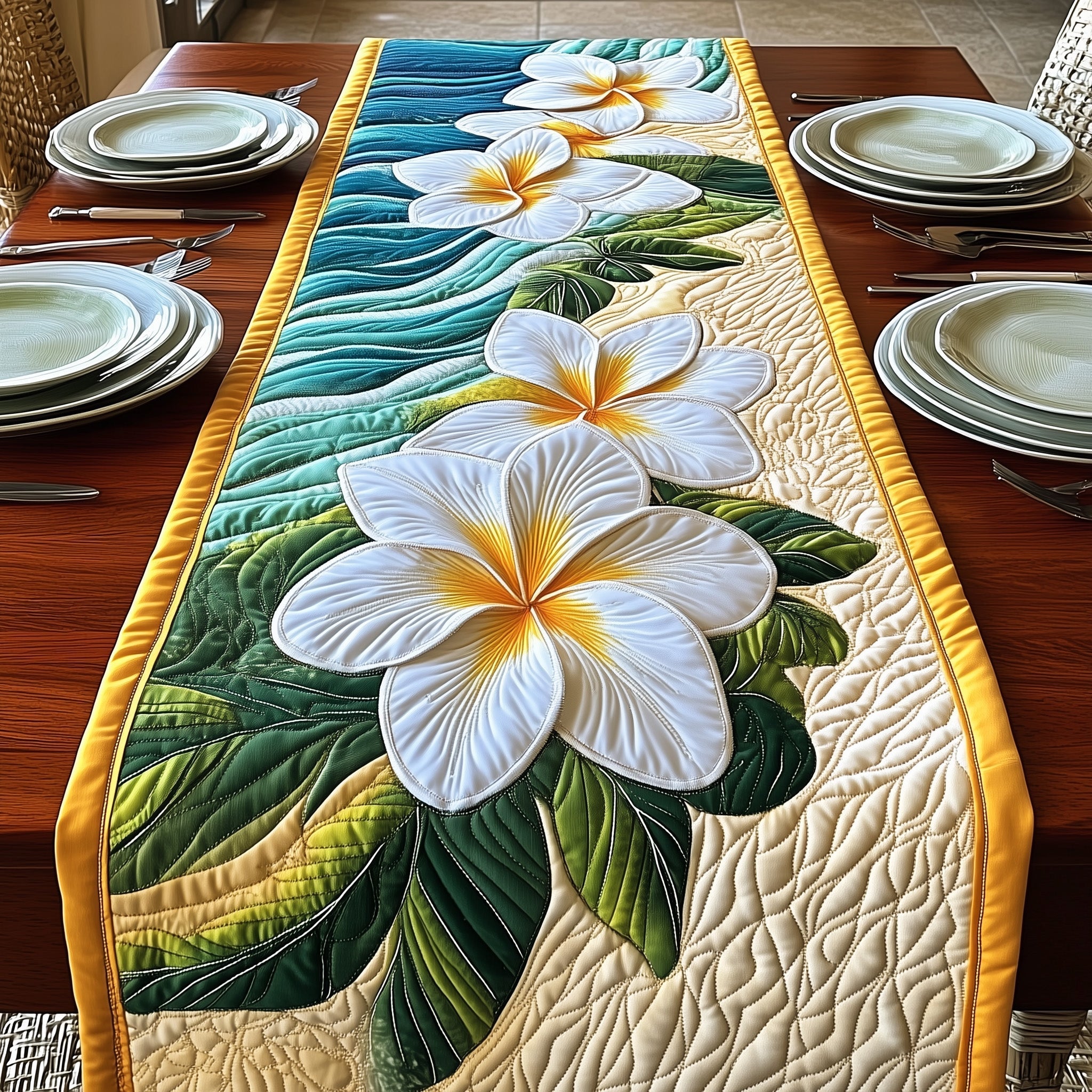 Plumeria Island Quilted Table Runner Ocean Table Runner Ocean Beach Themed Presents
