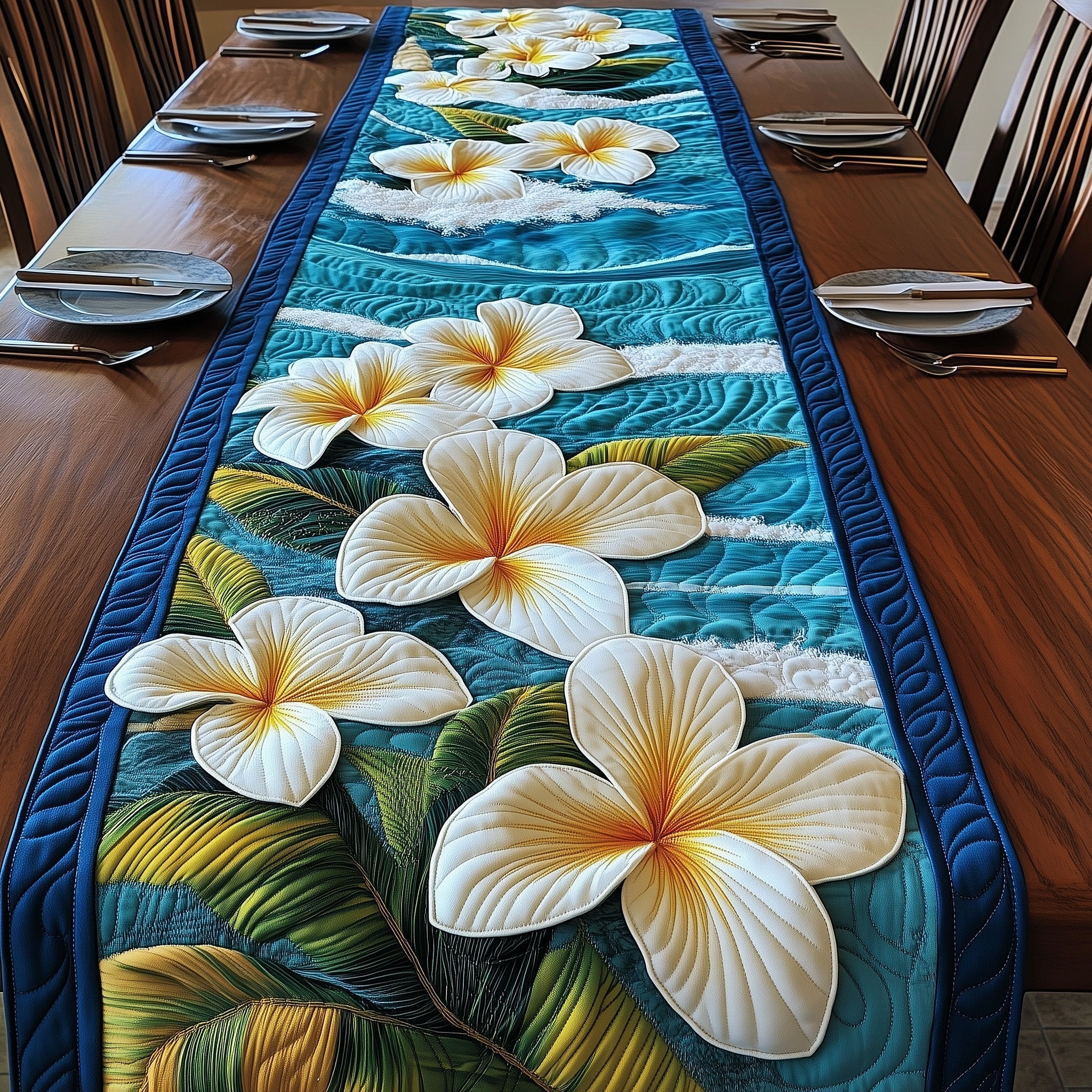 Plumeria Island Quilted Table Runner Ocean Themed Table Runners Christmas Gifts For Ocean Lovers