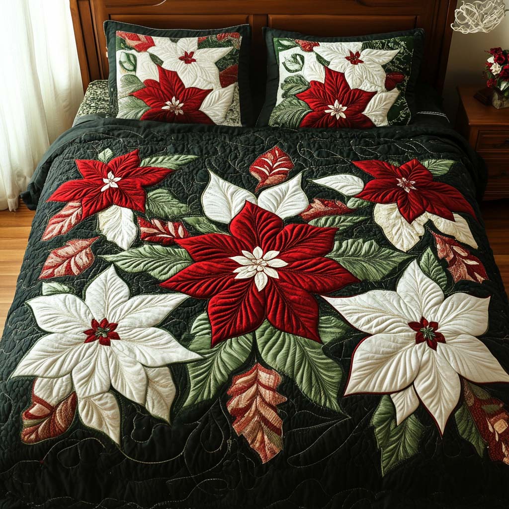 Poinsettia Bliss Quilted Bedding Set Holiday Season Duvet Cover Set Secret Santa Gift Ideas