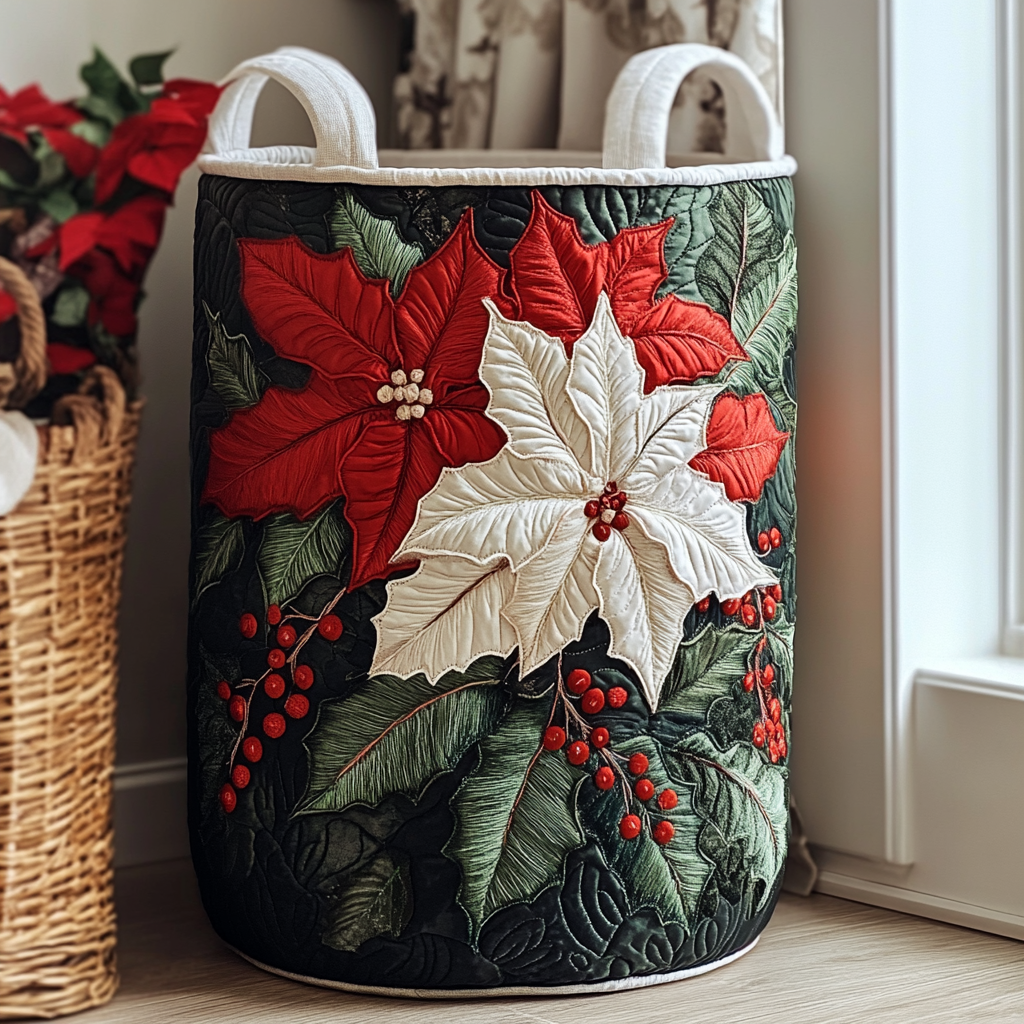 Poinsettia Delight Quilted Laundry Basket Laundry Room Decor Mother In Law Christmas Gift