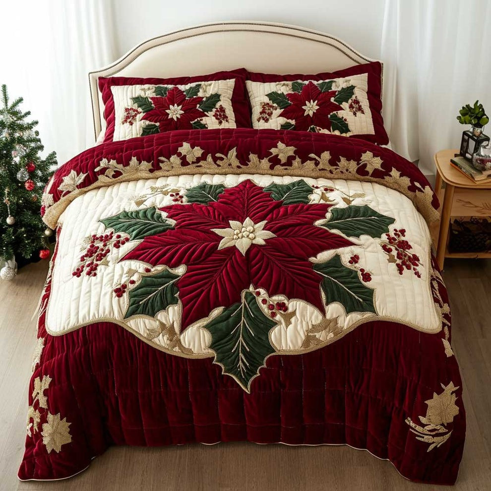 Poinsettia Elegance Quilted Bedding Set Duvet Cover Set Christmas Gifts 2025