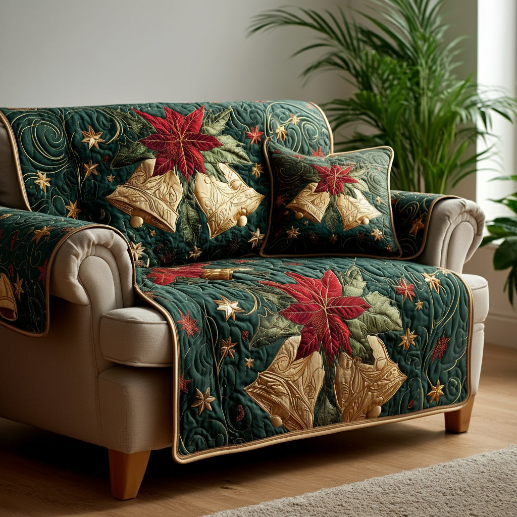Poinsettia Holly Bells Quilted Sofa Cover Christmas Decor Christmas Presents