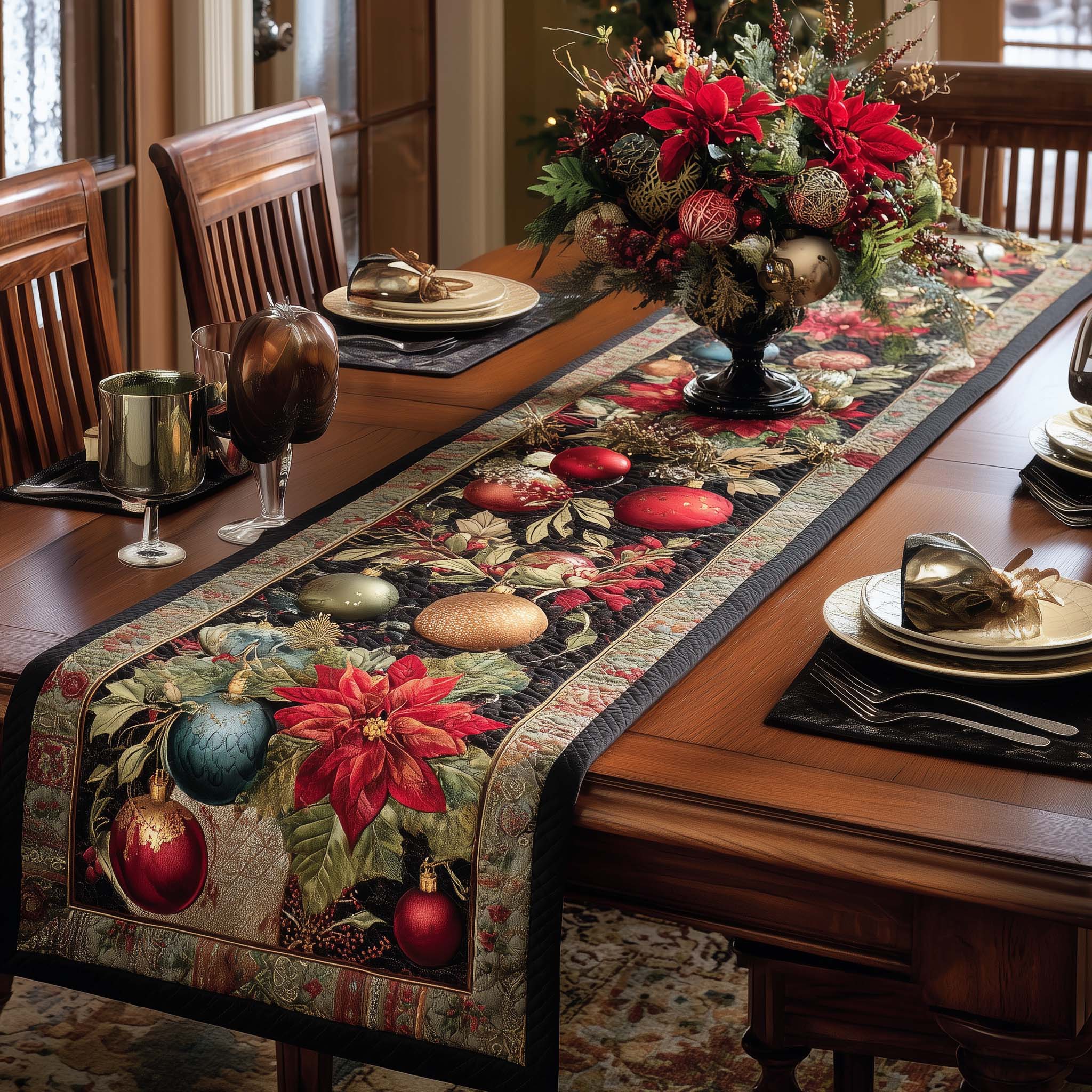 Poinsettia Luxe Quilted Table Runner Holiday Dining Table Decor Good Xmas Gifts For Her