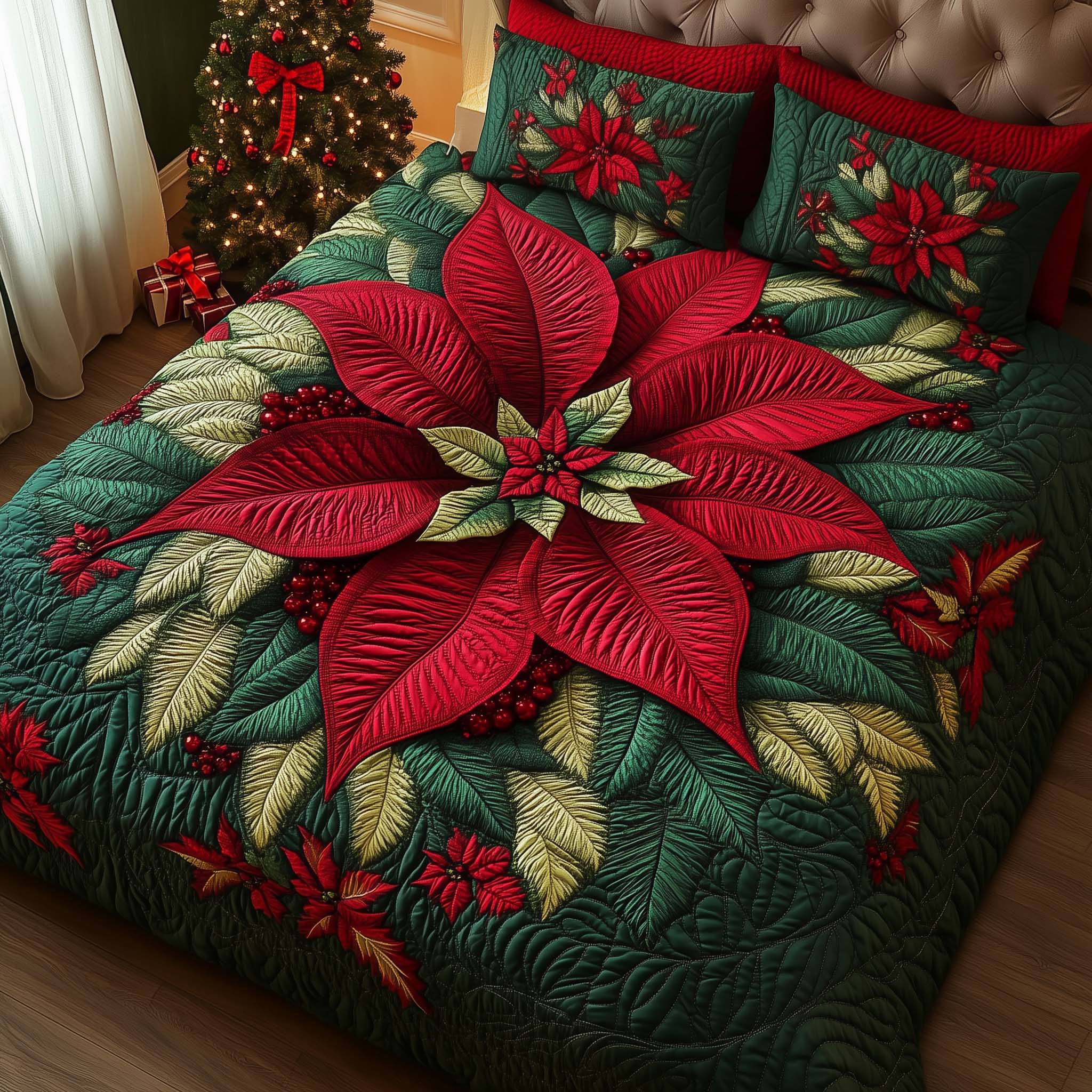Poinsettia Quilted Bedding Set Christmas Bed Decor Corporate Christmas Gifts