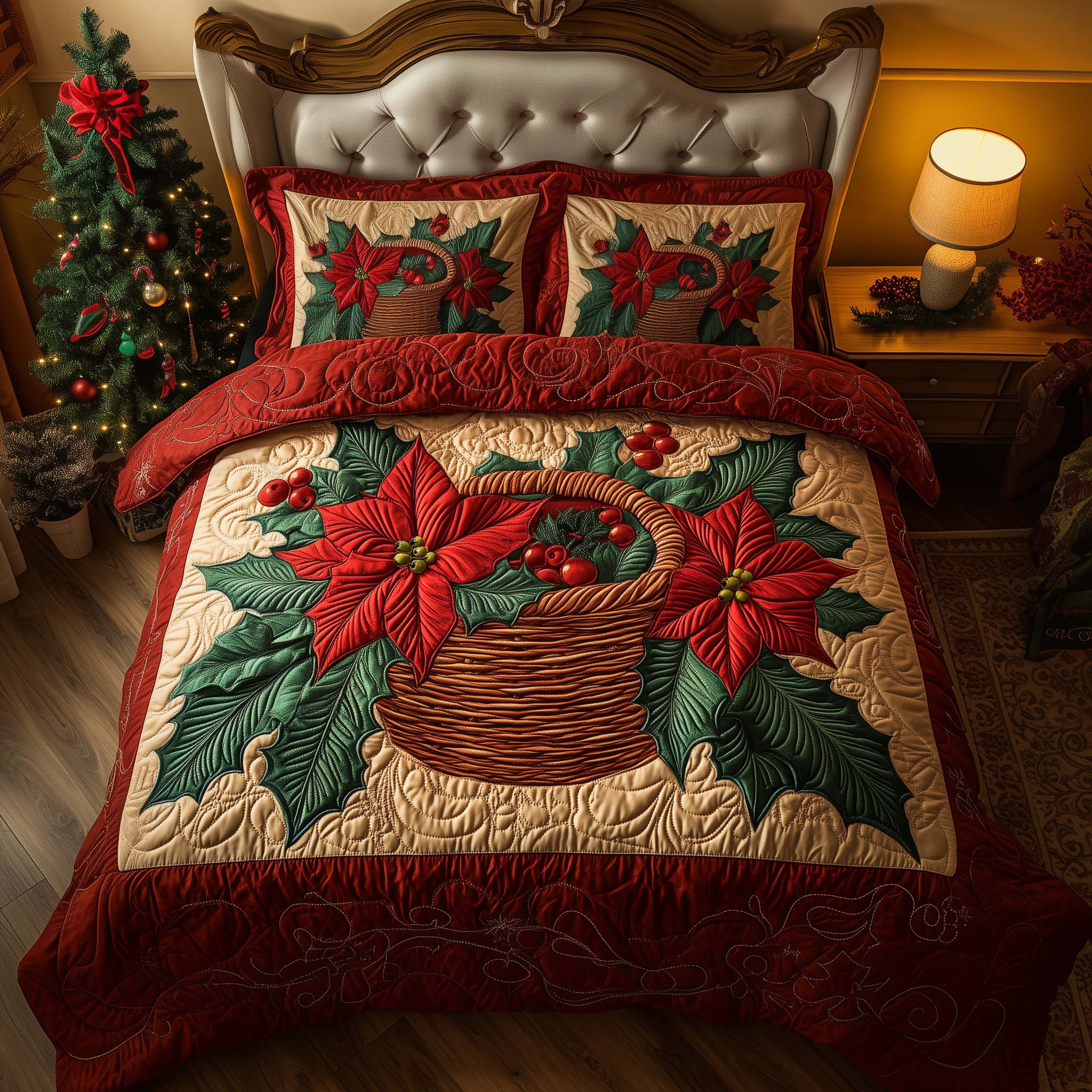 Poinsettia Quilted Bedding Set Xmas Bedroom Ideas Secret Santa Gifts
