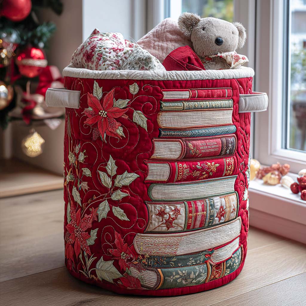Poinsettia Tales Quilted Laundry Basket Unique Clothes Hamper Grandma Gifts For Xmas