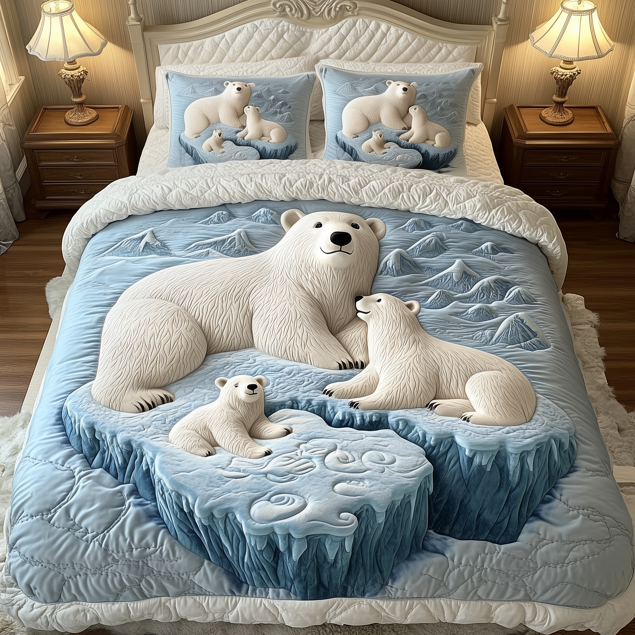 Polar Bear Family Quilted Bedding Set Best King Sheet Set Cute Bear Themed Presents