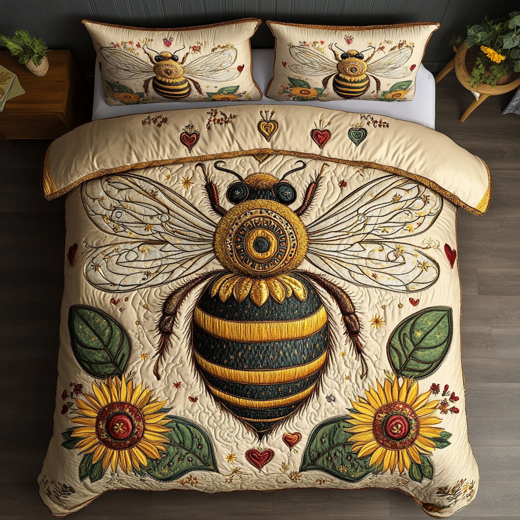 Pollinator Paradise Quilted Bedding Set Cute Bedroom Decor Present Ideas For Bee Lovers