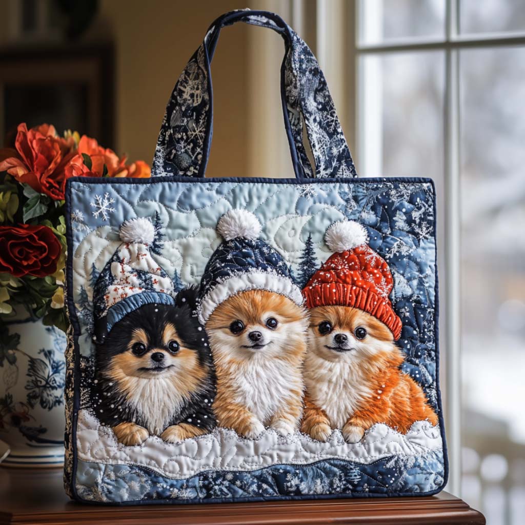 Pom Snowflakes Quilted Tote Bag Best Women's Shoulder Bags Christmas Presents For Mom