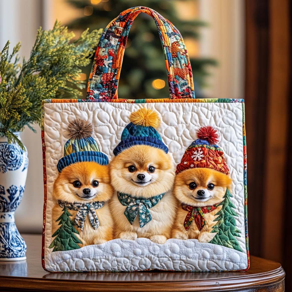 Pom Winter Trio Quilted Tote Bag Best Everyday Shoulder Bag Christmas Gifts For Mothers