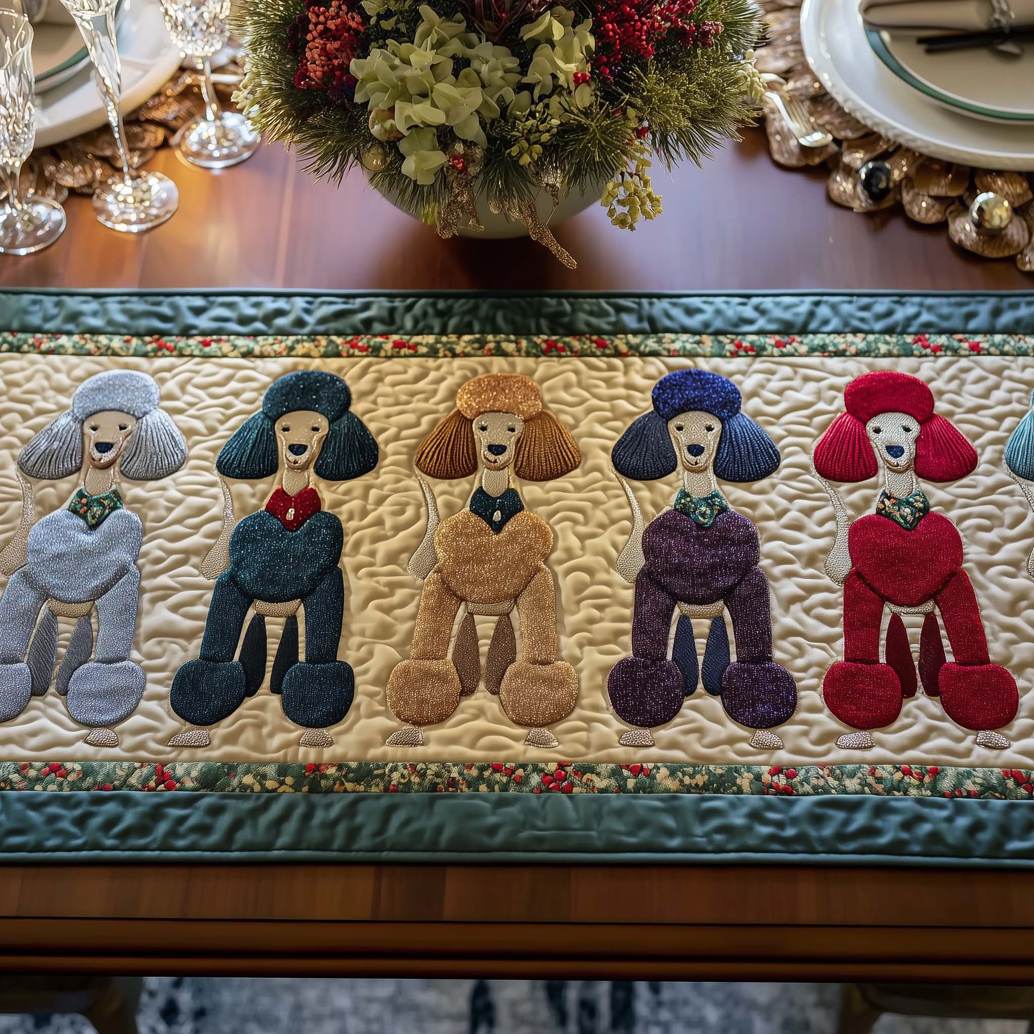 Poodle Charm Quilted Table Runner Dining Table Xmas Decor Christmas Gift Ideas