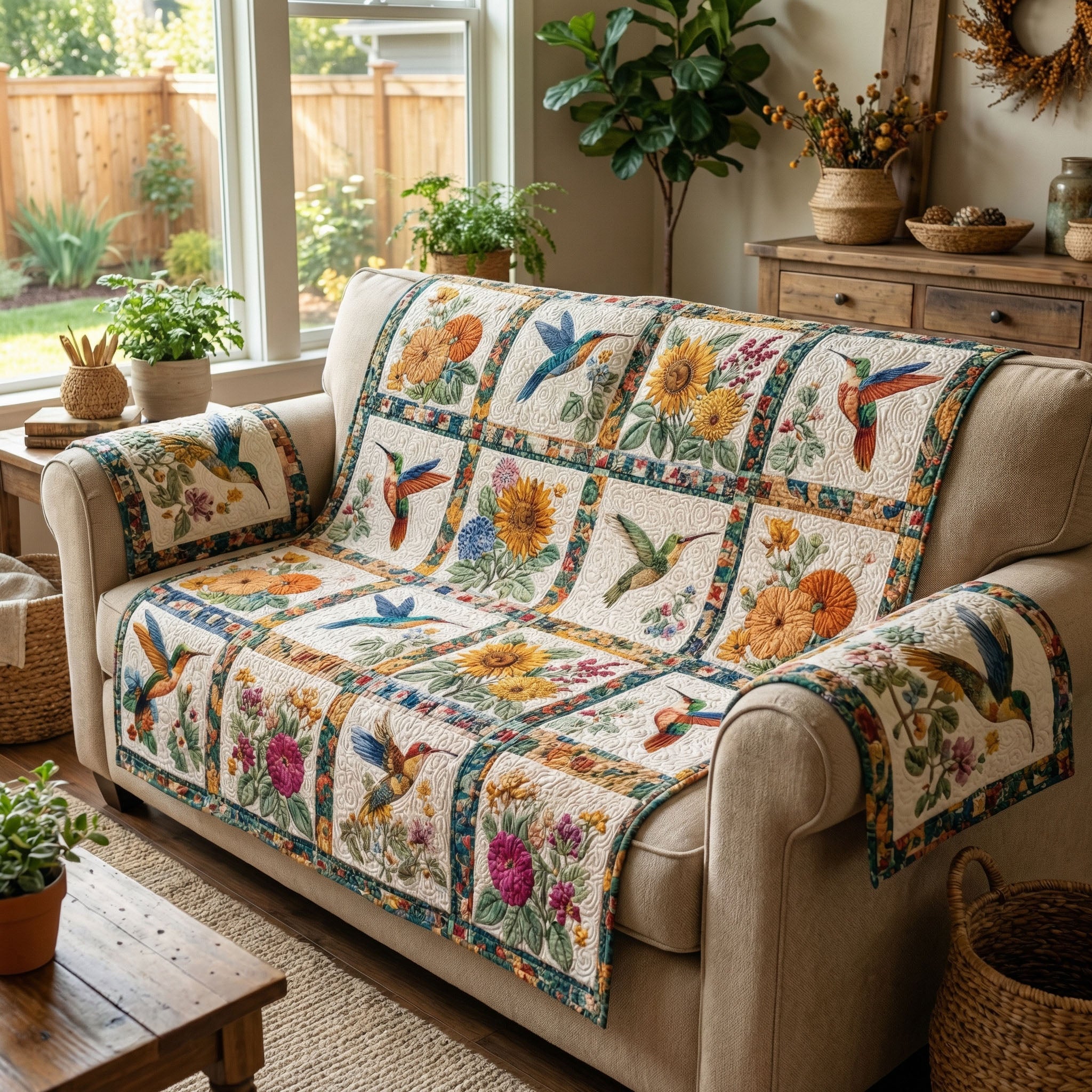 Prairie Flower Harmony Quilted Sofa Cover Home Decorattions Hummingbird Themed Gifts