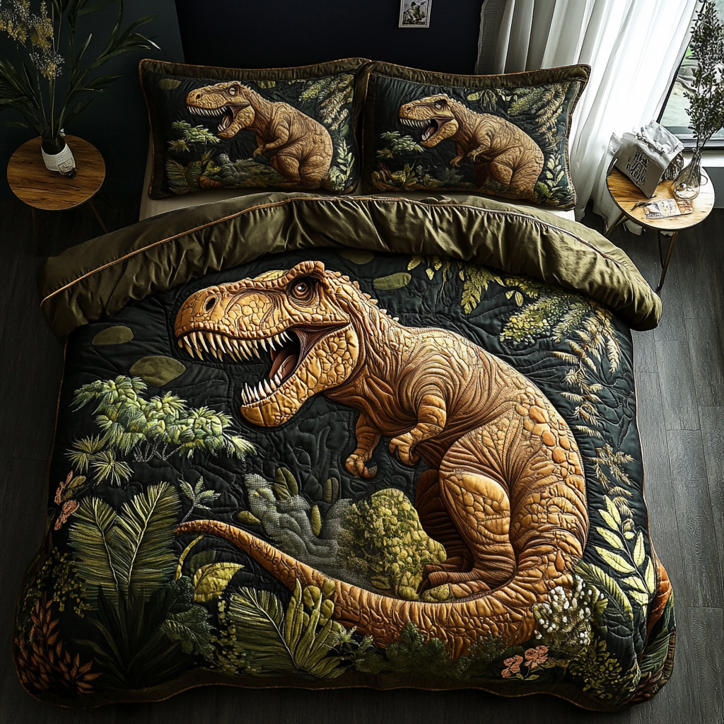 Prehistoric Kingdom Quilted Bedding Set Cozy Bedroom Decor Unique Dinosaur Gifts