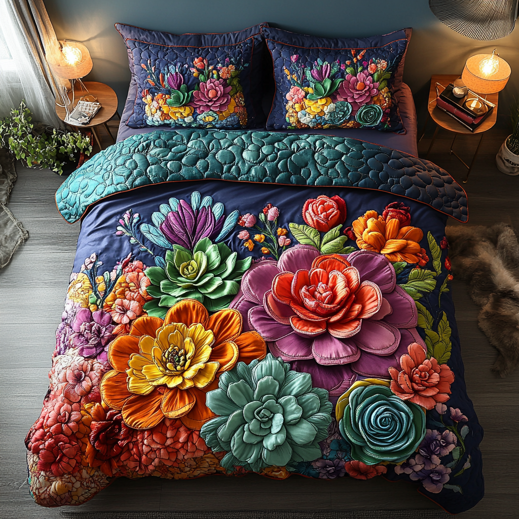Prickles and Blooms Quilted Bedding Set Unique Bed Sheet Set Cactus For Birthday Gift