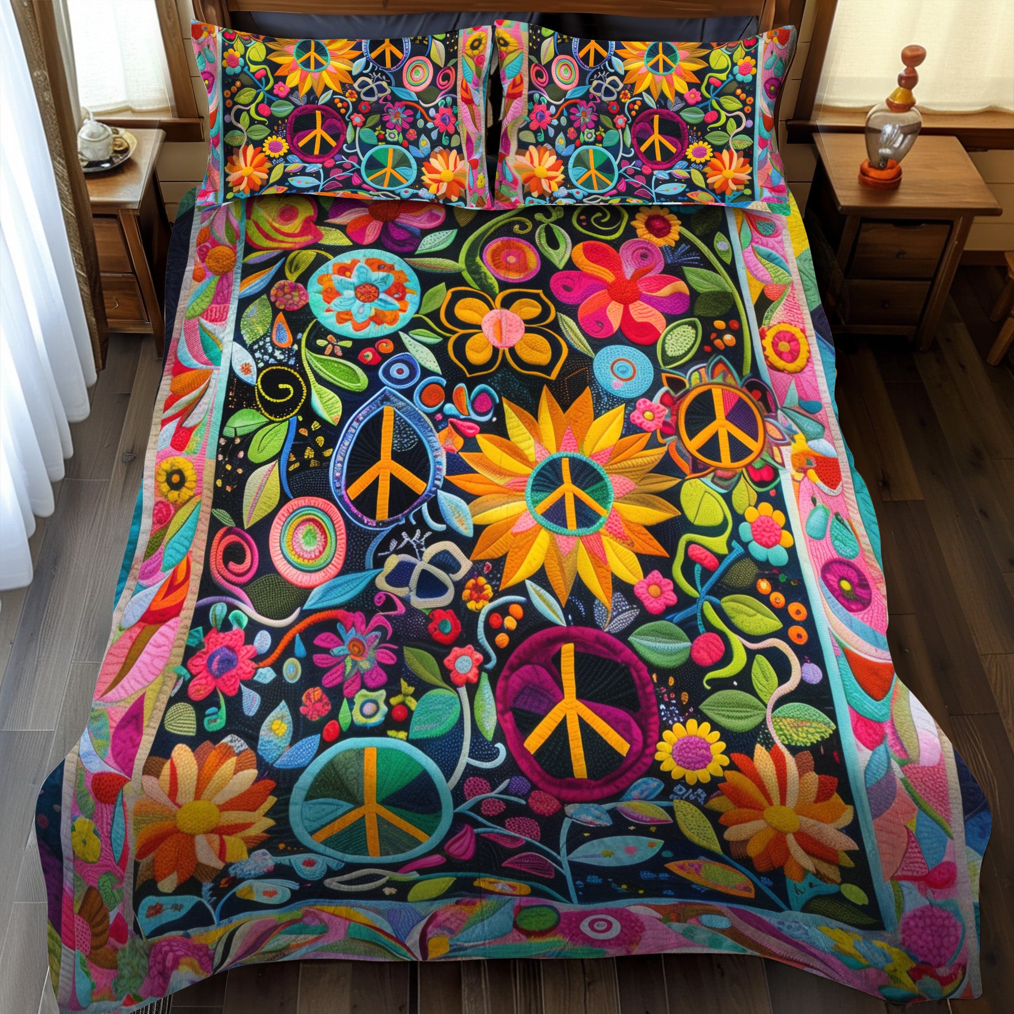 Psychedelic Peace Quilted Bedding Set Cute Boho Comforter Sets Best Gifts For Hippie Mom
