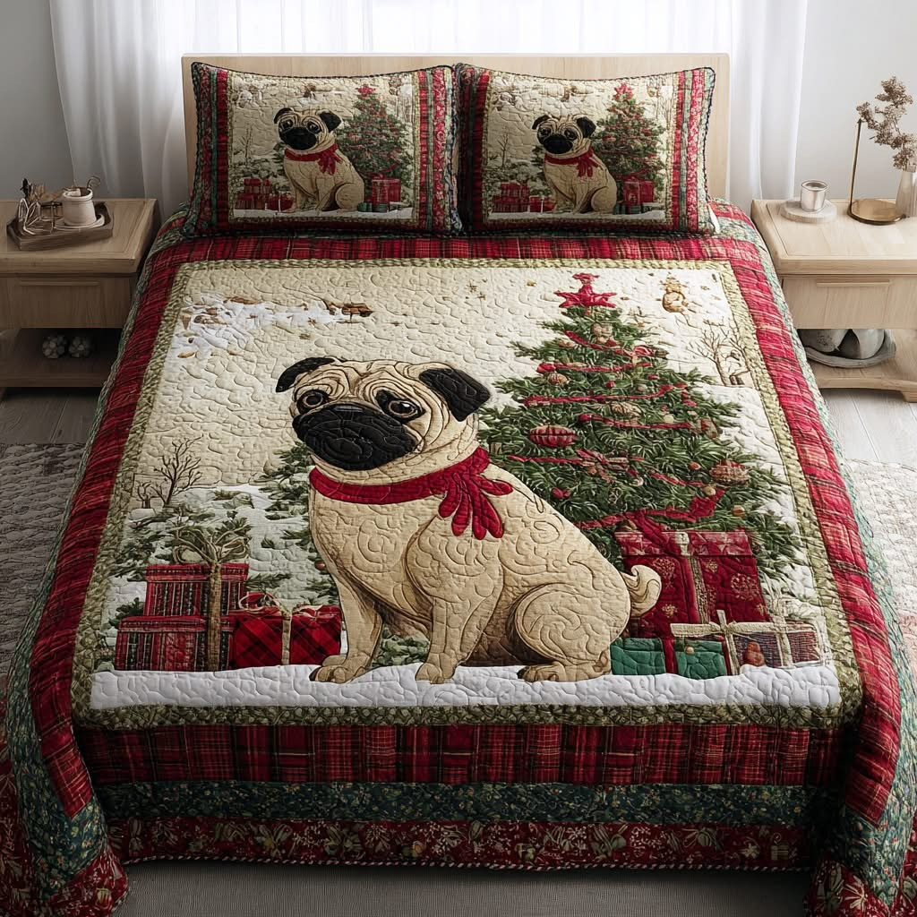 Pug Christmas Quilted Bedding Set Duvet Cover Xmas Holiday Best Gifts For Pug Lovers Owners