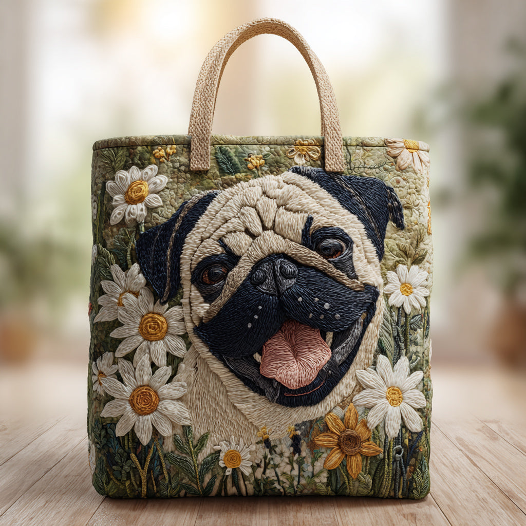 Pug in Daisies Quilted Tote Bag Most Popular Shoulder Bags Special Mothers Day Presents