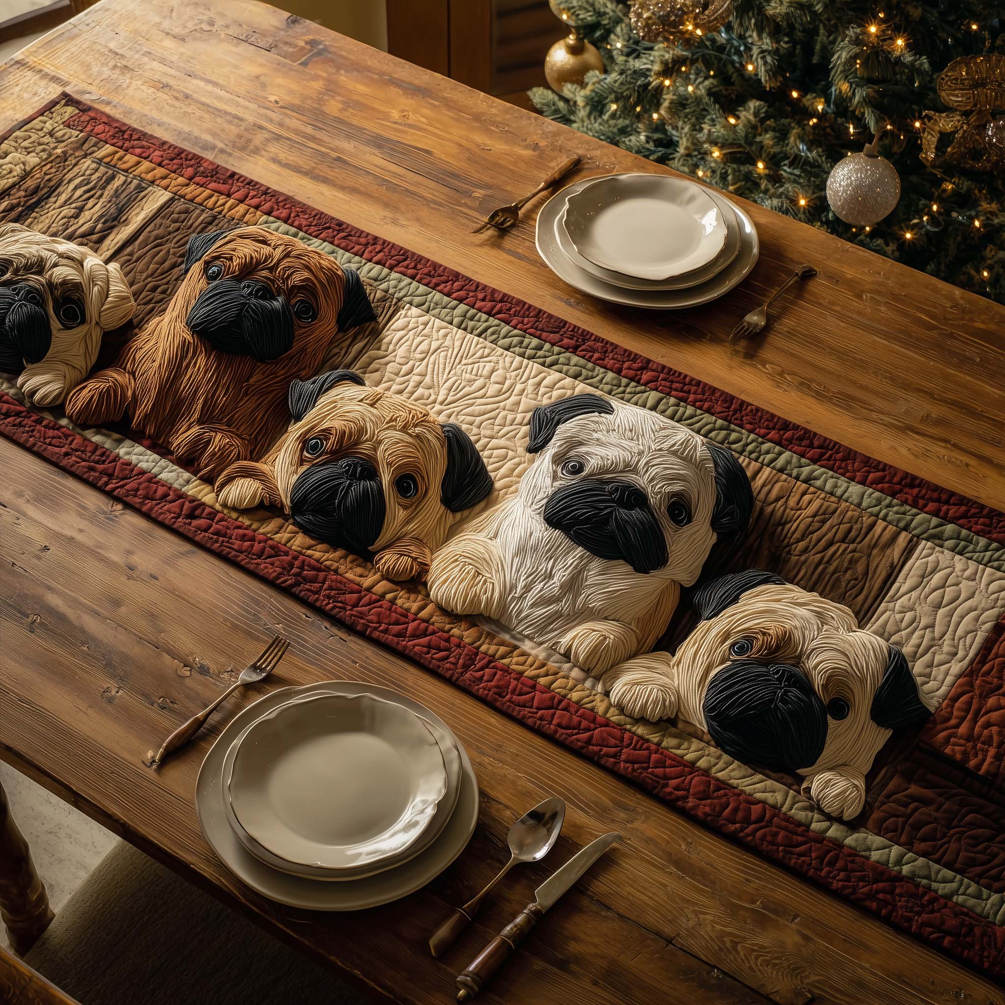 Pug Parade Quilted Table Runner Elegant Holiday Table Runners Christmas Gift Ideas For Relatives